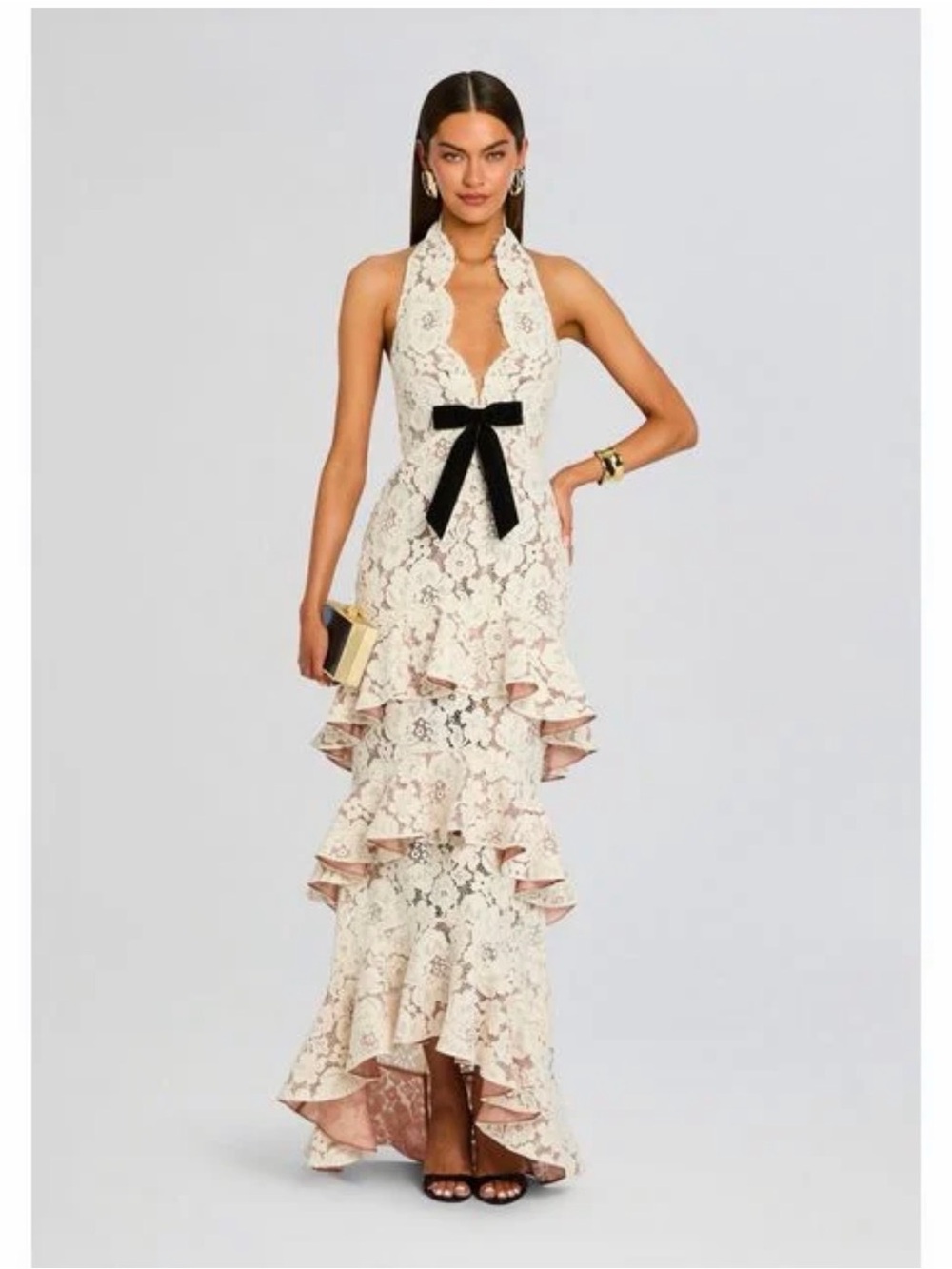 Retrofete Ivory Lace Halter High-Low Gown with Black Bow